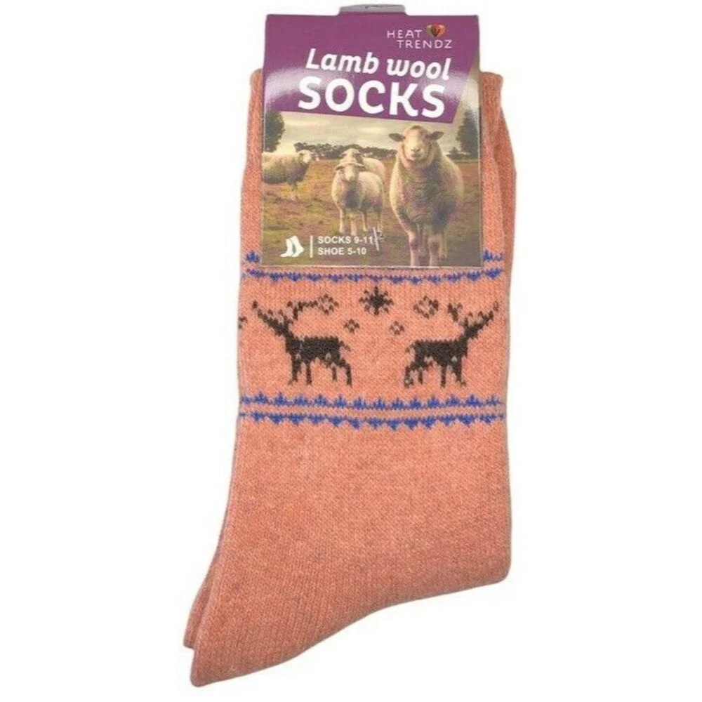 Fair Isle Lamb's Wool Ladies Socks Deer Crew Warm Winter Boot Pink Size 9-11